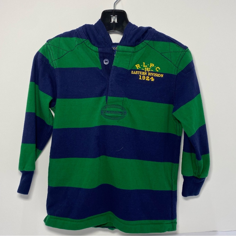Polo Ralph Lauren Boys 3/3T Hoodie Rugby Shirt Green Navy Stripes RLPC 1924 Logo